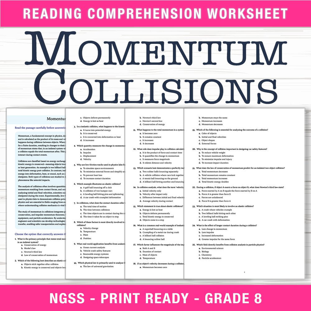 Grade 8 Science worksheet worksheet — Grade 8 Science | Momentum & Collisions Worksheet (PDF + Answer Key) — page 1