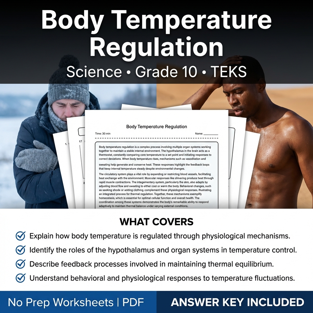 Grade 10 Science Worksheet on Body Temperature Regulation | TEKS-Aligned