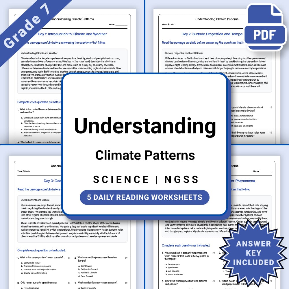 Grade 7 Science daily reading worksheet worksheet — Grade 7 Science – Understanding Climate Patterns Worksheet(PDF + Answe…
