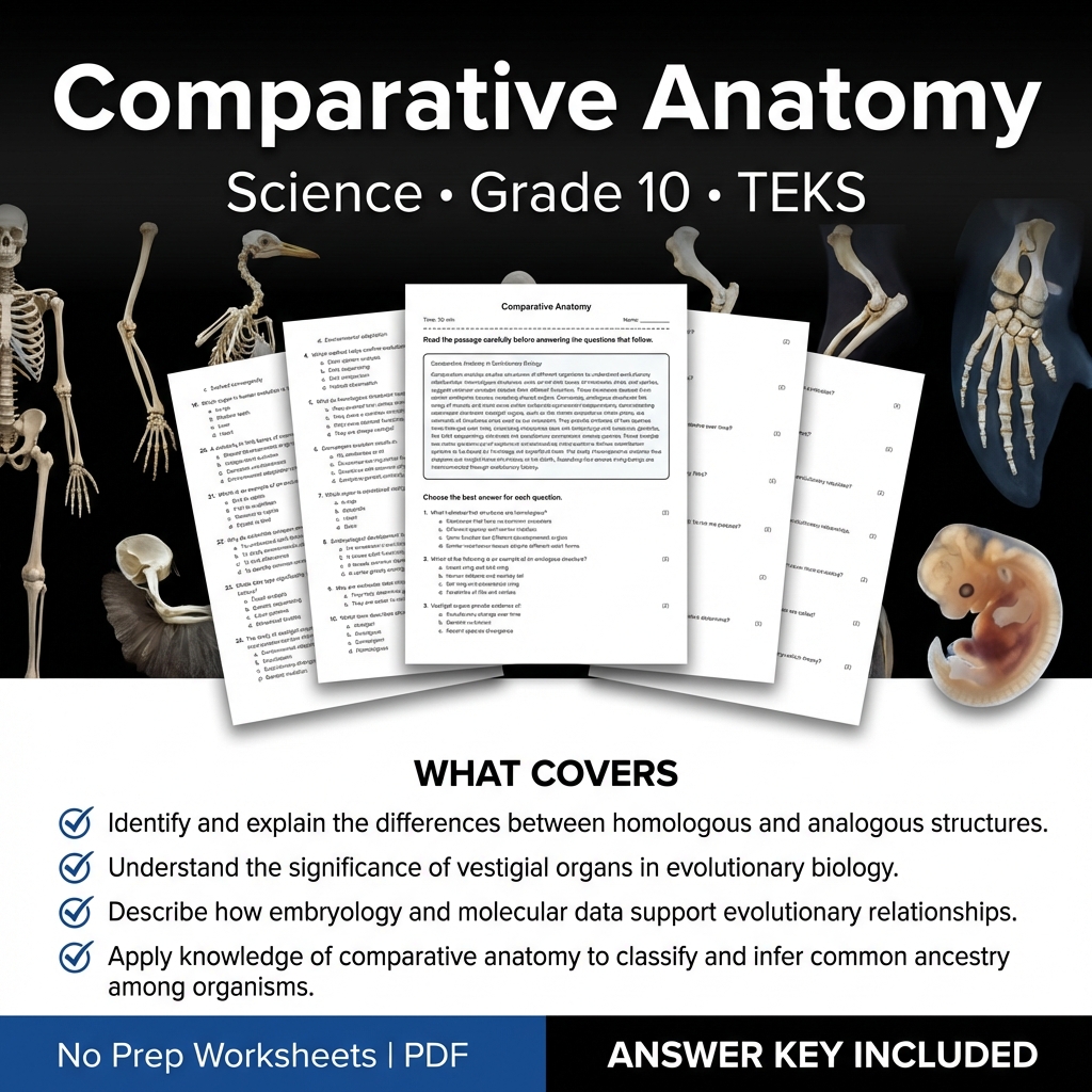 Comparative Anatomy Worksheet for Grade 10 Science | TEKS Aligned