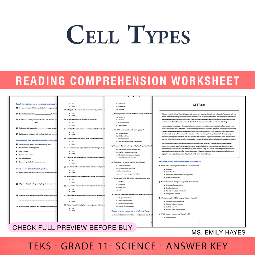 Grade 11 Science worksheet worksheet — 11th Grade Science | Cell Types Worksheet (PDF+ Answer Key) — page 1