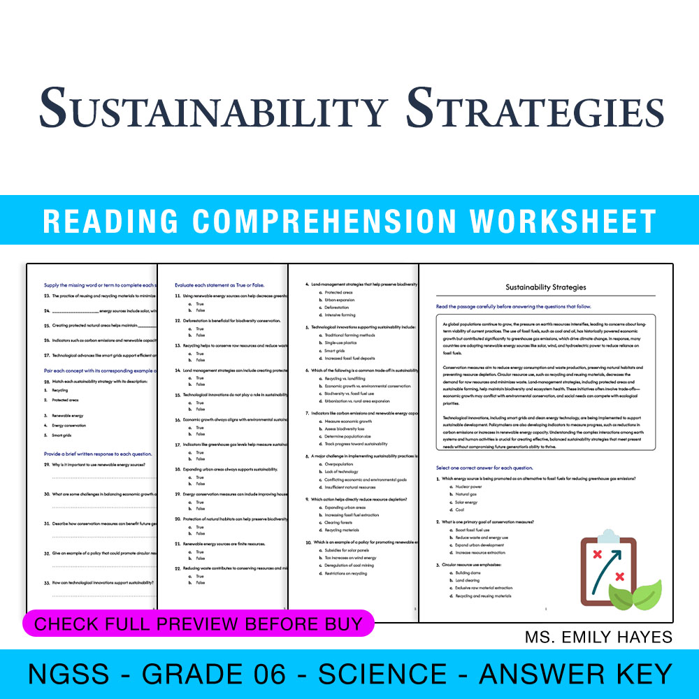 Grade 6 Science worksheet worksheet — 6th Grade Science | Sustainability Strategies Worksheet (PDF + Answer Key) — page 1