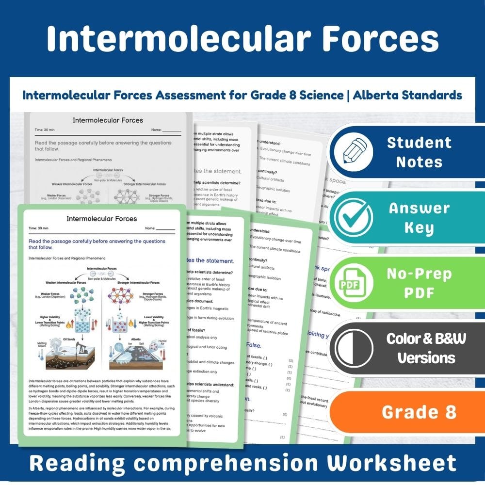 Grade 8 Science assessment worksheet — Intermolecular Forces Assessment for Grade 8 Science | Alberta Standards — page 1