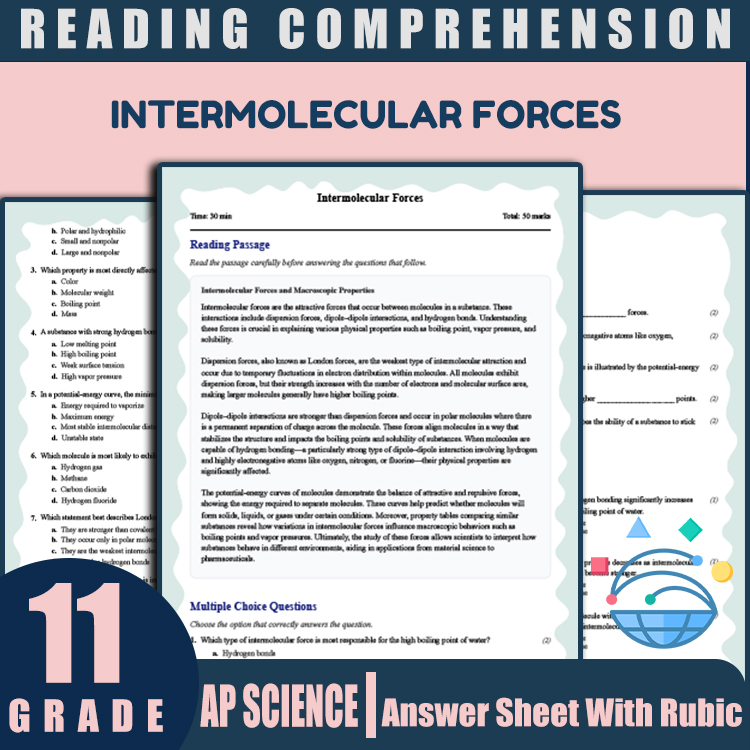 Grade 11 Science reading worksheets worksheet — Grade 11 Science | Intermolecular Forces Reading Worksheet (PDF + Answer K…