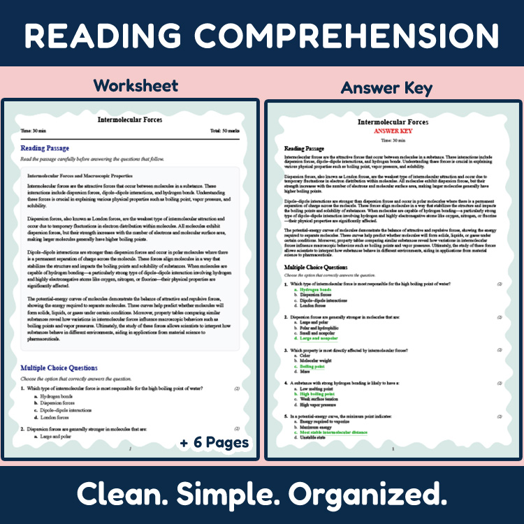 Grade 11 Science reading worksheets worksheet — Grade 11 Science | Intermolecular Forces Reading Worksheet (PDF + Answer K…