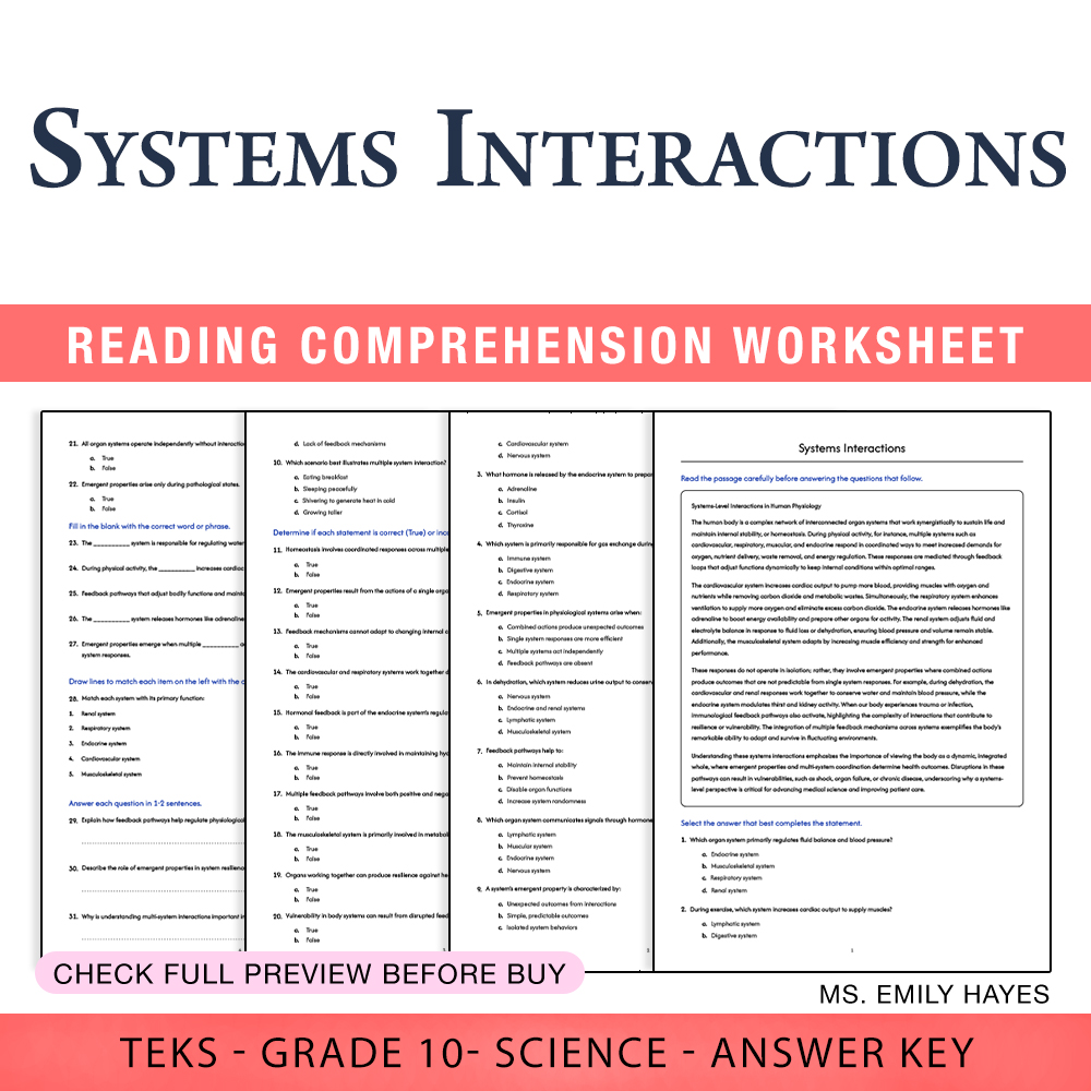 Grade 10 Science worksheet worksheet — Grade 10 Science | Systems Interactions Worksheet (PDF+ Answer Key) — page 1