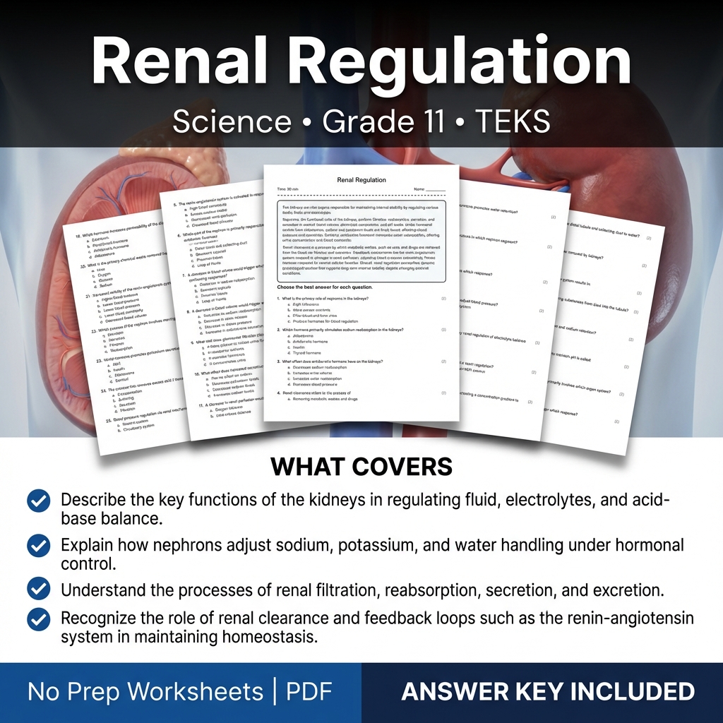 Renal Regulation Worksheet for Grade 11 Science TEKS Standards