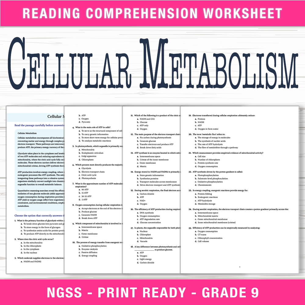 Grade 9 Science worksheet worksheet — Grade 9 Science | Cellular Metabolism Worksheet (PDF + Answer Key) — page 1