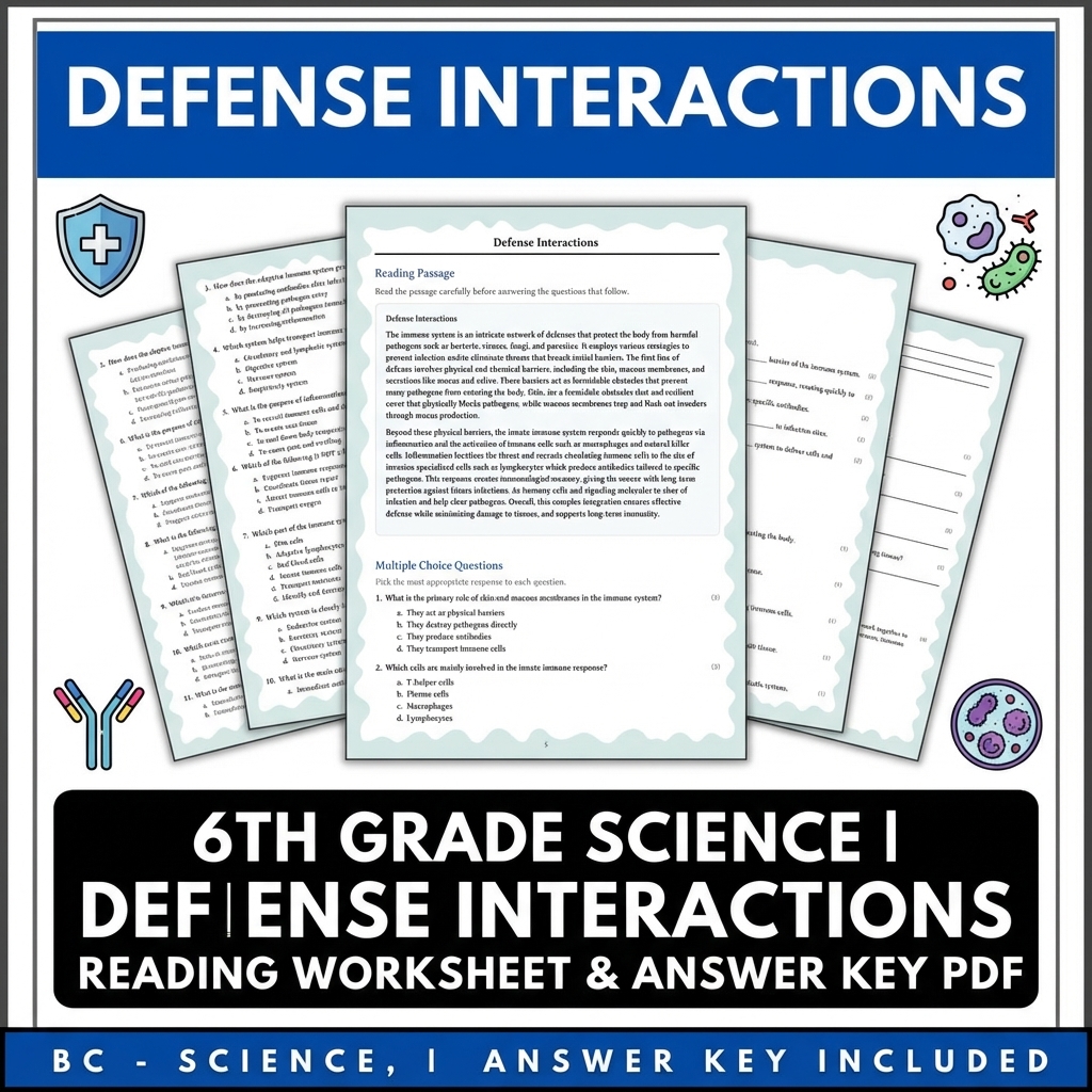 6th Grade Science | Defense Interactions Reading Worksheet & Answer Key PDF