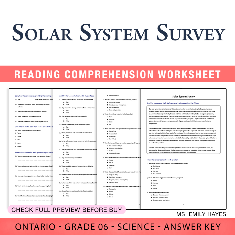 Grade 6 Science worksheet worksheet — 6th Grade Science | Solar System Survey Worksheet (PDF + Answer Key) — page 1