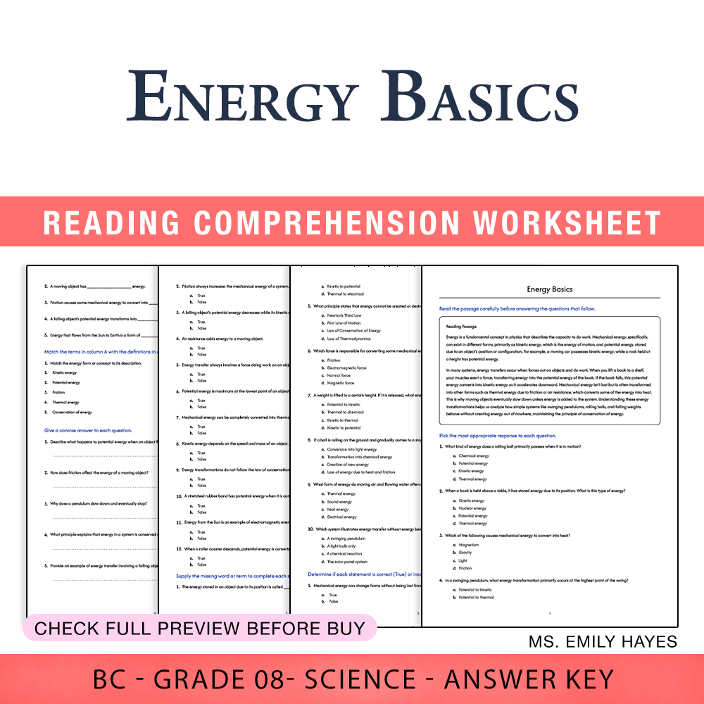 Grade 8 Science worksheet worksheet — 8th Grade Science | Energy Basics Worksheet (PDF+ Answer Key) — page 1