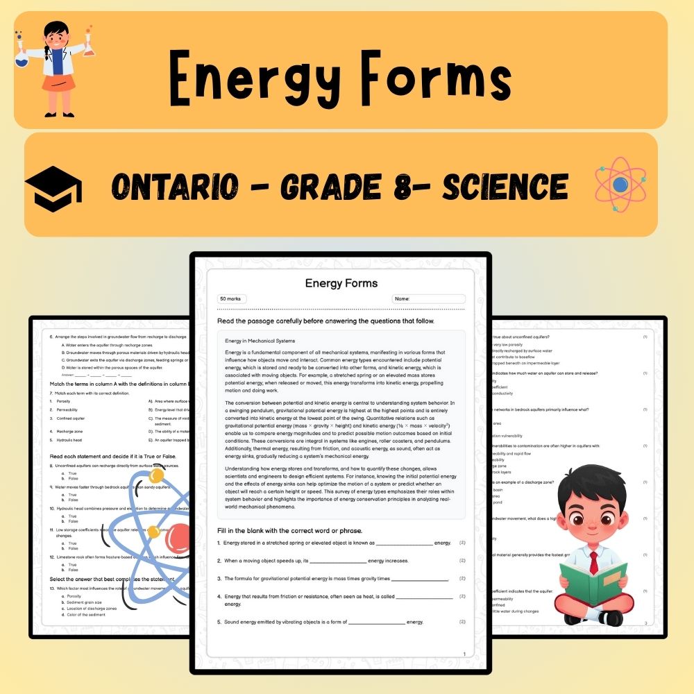 Grade 8 Science worksheet worksheet — Grade 8 Science – Energy Forms Worksheet (PDF ) | Ontario Standard — page 1