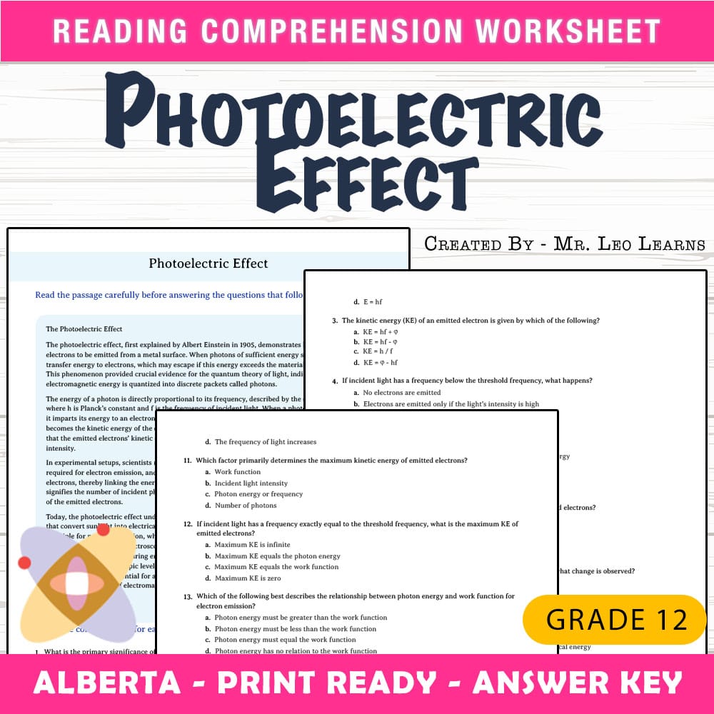 Grade 12 Science worksheet mcq paper worksheet — Grade 12 Science — Worksheet MCQ Paper for Mastering Photoelectric Effect…