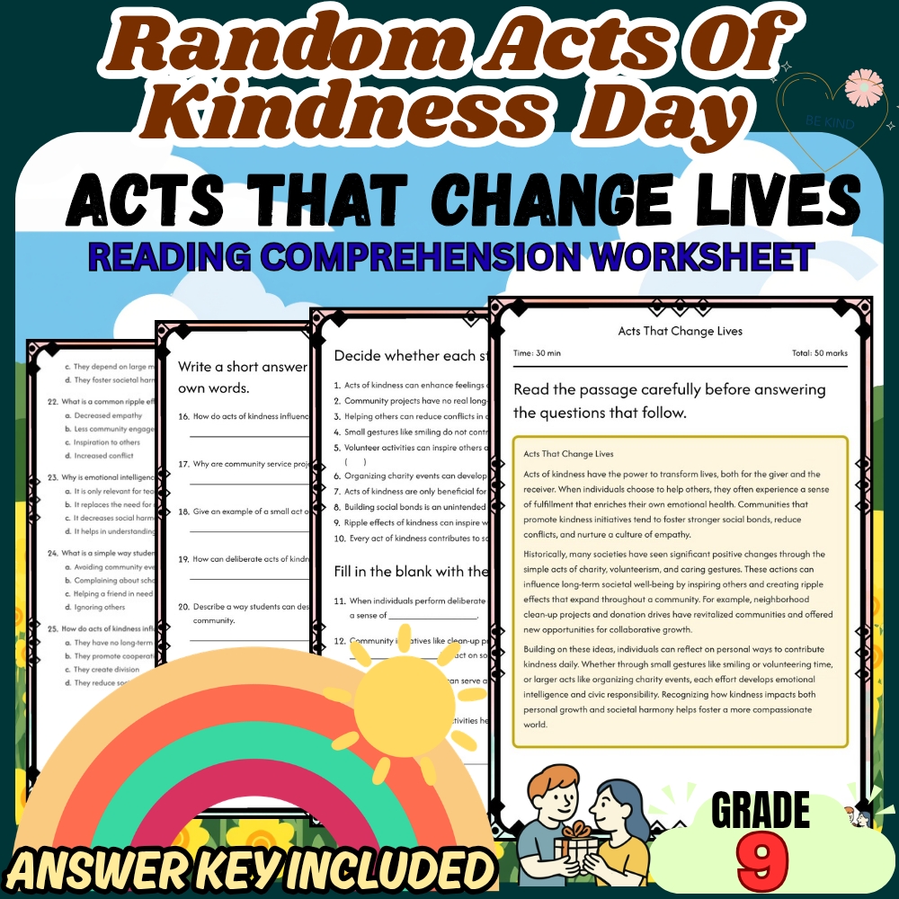 Grade 9 Holiday Random Acts of Kindness Worksheet for Mastery | PDF + Answer Key