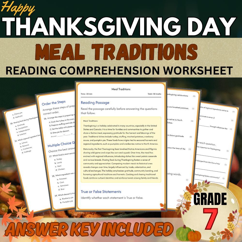 Grade 7 Seasonal | Thanksgiving Meal Traditions Worksheet | PDF + Answer Key