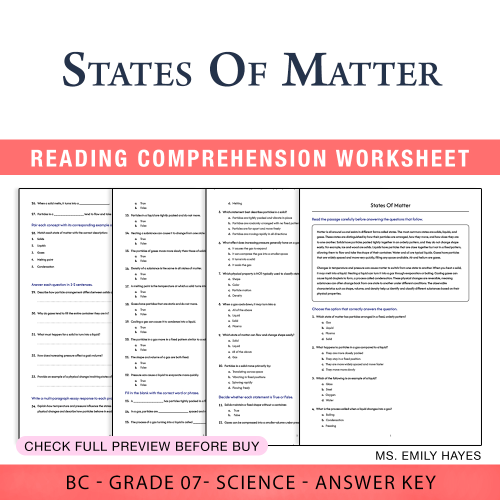 Grade 7 Science worksheet worksheet — 7th Grade Science | States Of Matter Worksheet (PDF+ Answer Key) — page 1