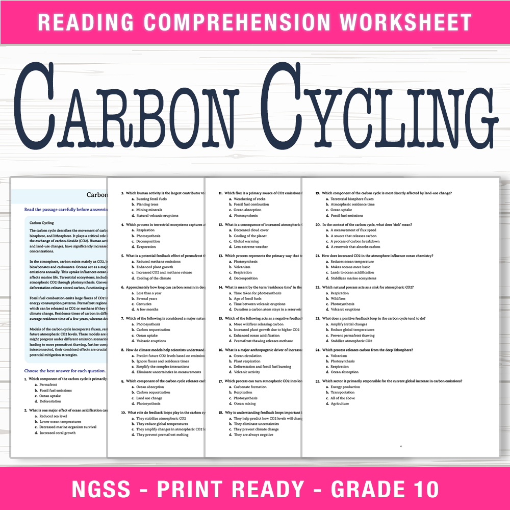 Grade 10 Science worksheet worksheet — Grade 10 Science | Carbon Cycling Worksheet (PDF + Answer Key) — page 1