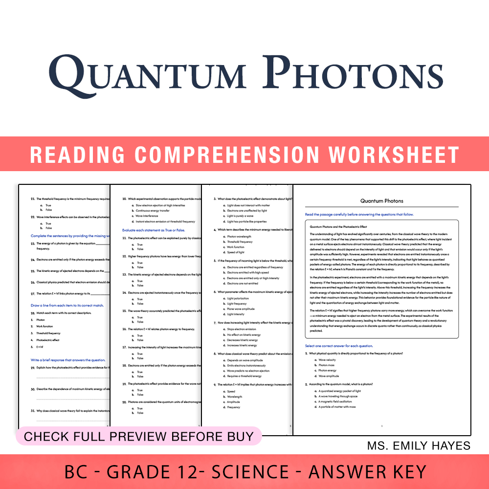 Grade 12 Science worksheet worksheet — 12th Grade Science | Quantum Photons Worksheet (PDF+ Answer Key) — page 1