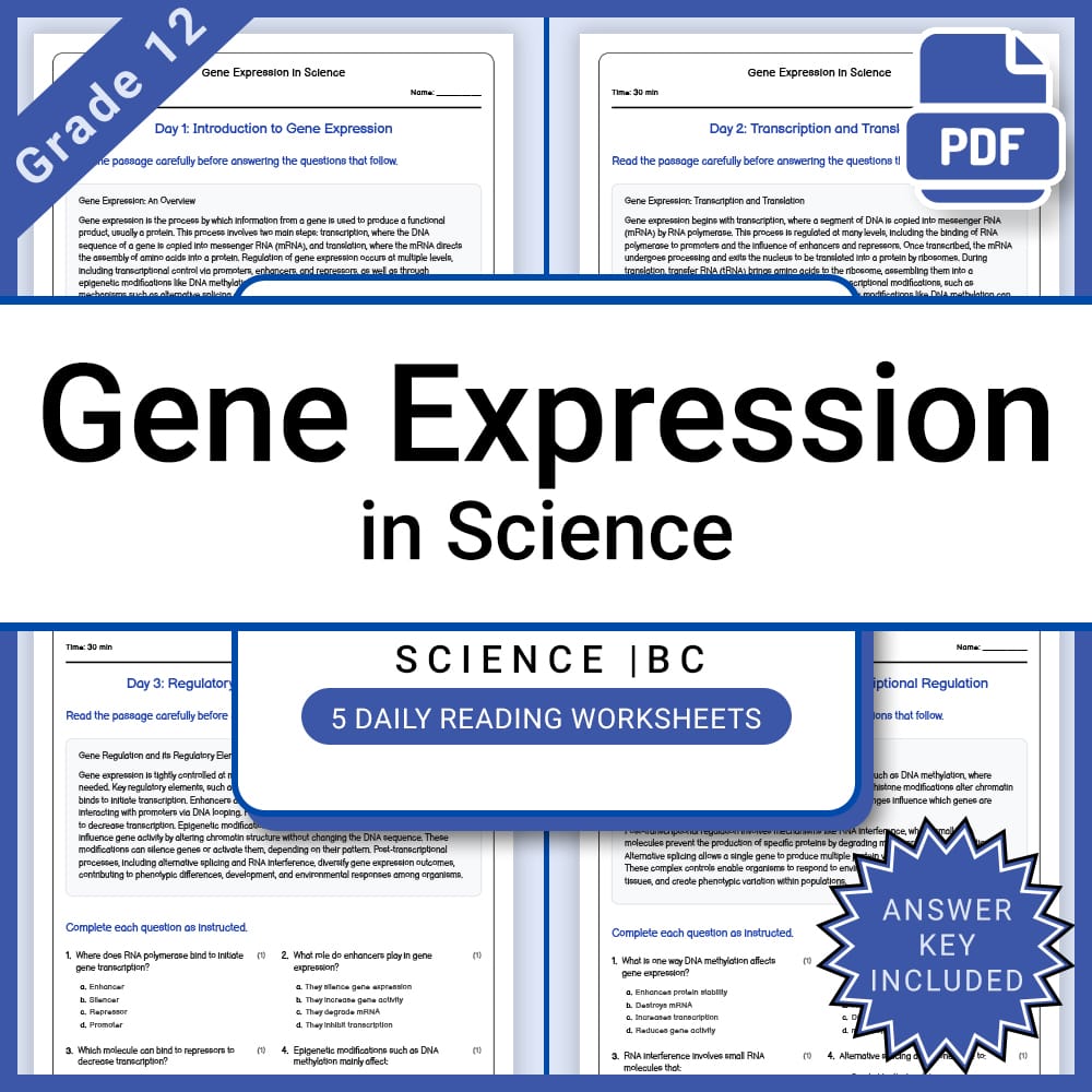 Grade 12 Science – Gene Expression Daily Reading Worksheet with Answer Key