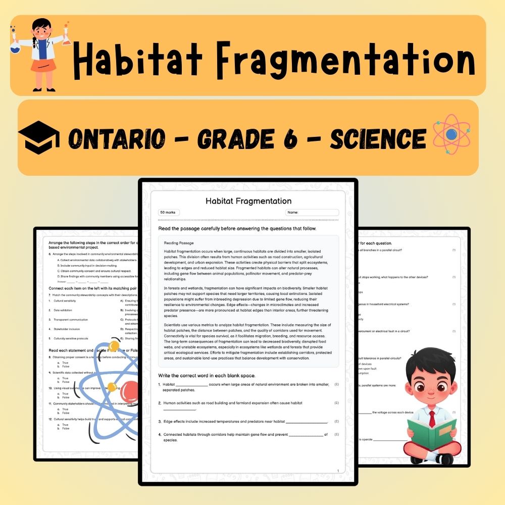 Grade 6 Science worksheet worksheet — 6th Grade Science Habitat Fragmentation Worksheet – Ontario Standards (PDF ) — page 1