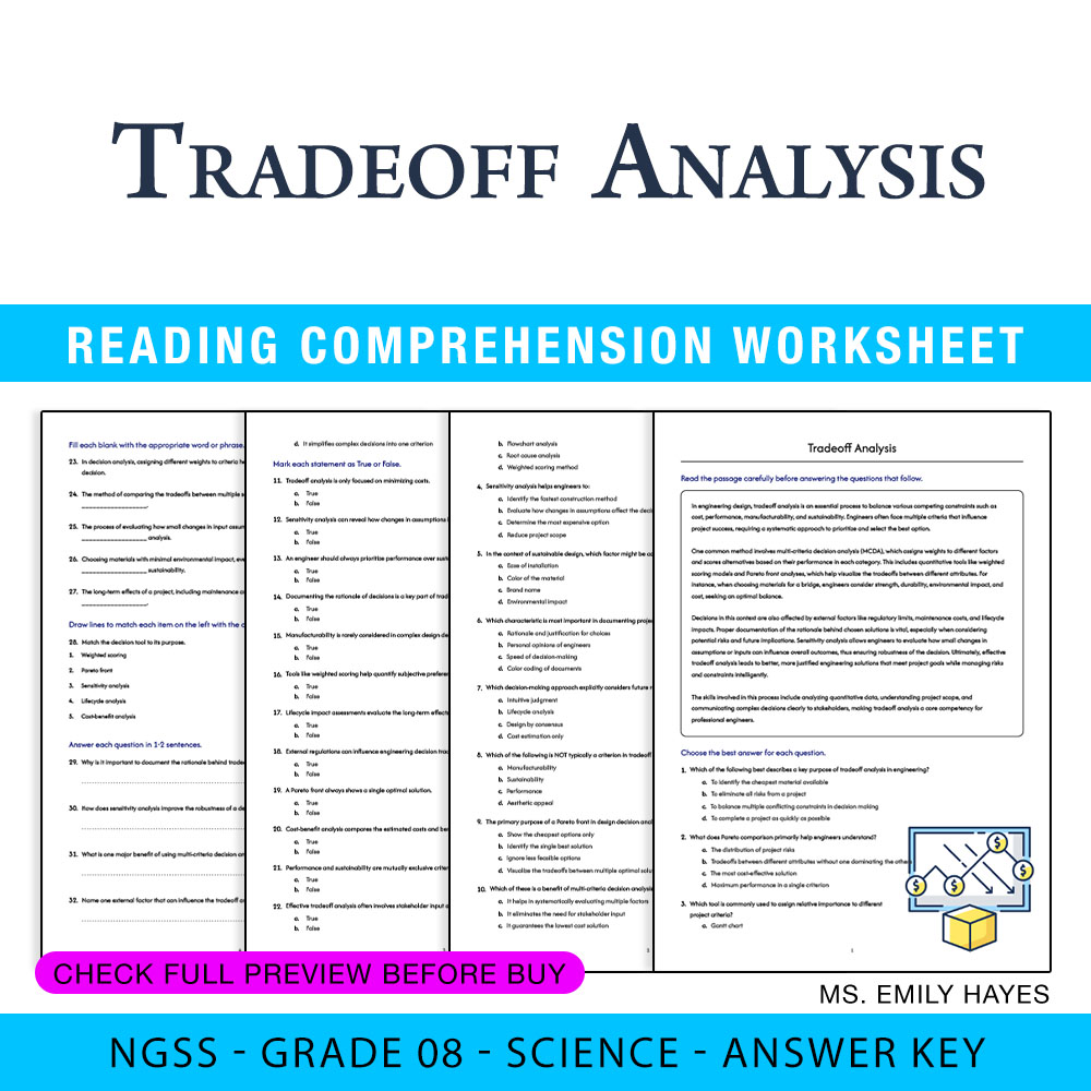 Grade 8 Science worksheet — 8th Grade Science | Tradeoff Analysis Worksheet (PDF+ Answer Key) — page 1