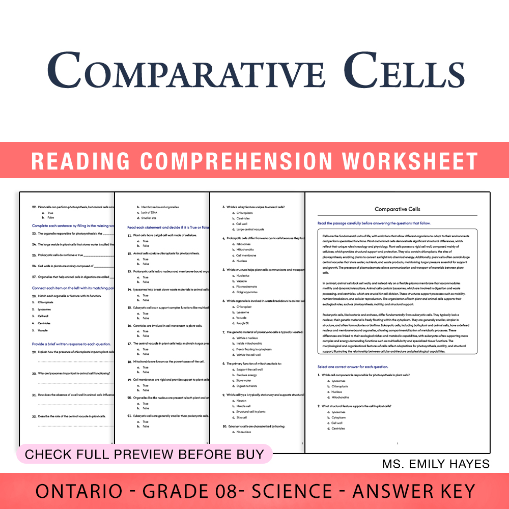 Grade 8 Science worksheet worksheet — Grade 8 Science | Comparative Cells Worksheet (PDF+ Answer Key) — page 1