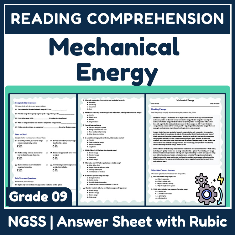 Grade 9 Science reading worksheets worksheet — Grade 9 Science | Mechanical Energy Reading Worksheets (PDF + Rubric) — page 1