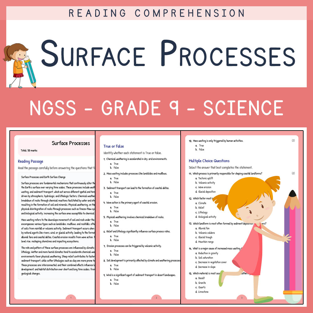 Grade 9 Science worksheet worksheet — Grade 9 Science | Surface Processes Worksheet & Answer Key (NGSS-Aligned) — page 1