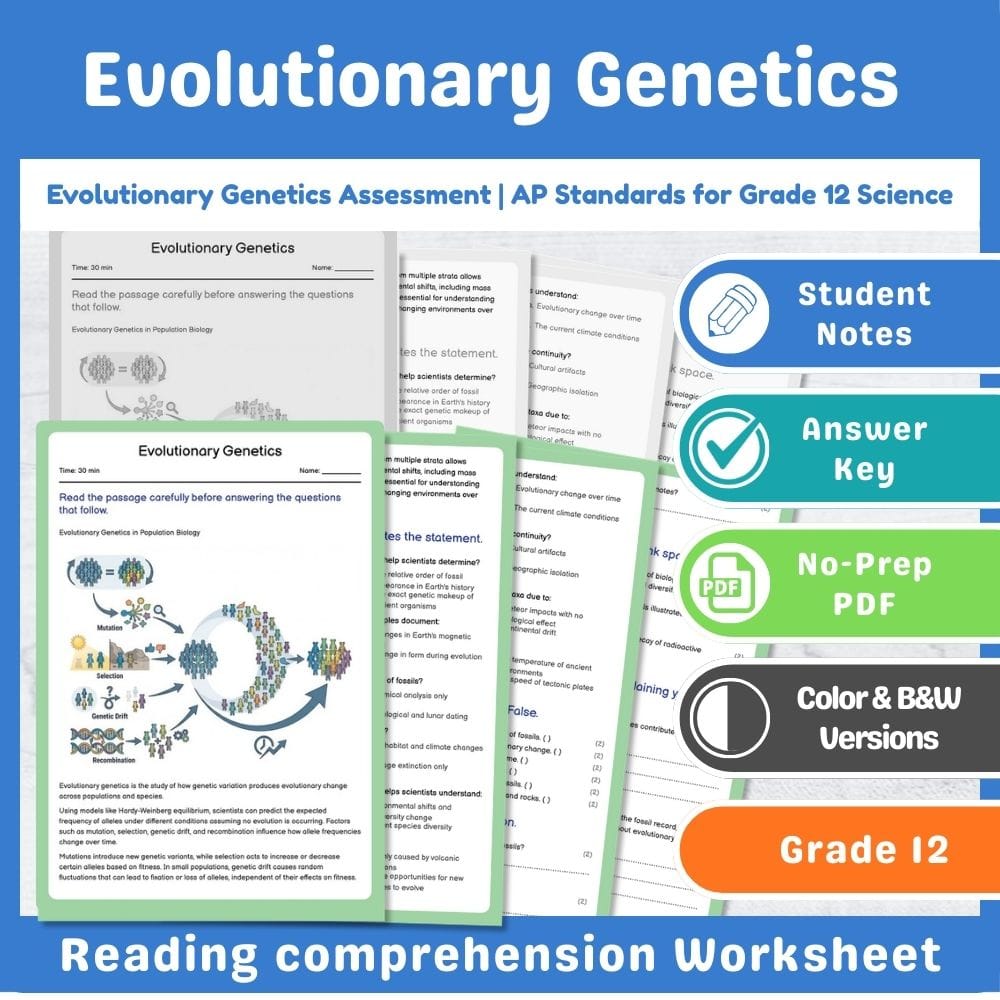 Grade 12 Science assessment worksheet — Evolutionary Genetics Assessment | AP Standards for Grade 12 Science — page 1
