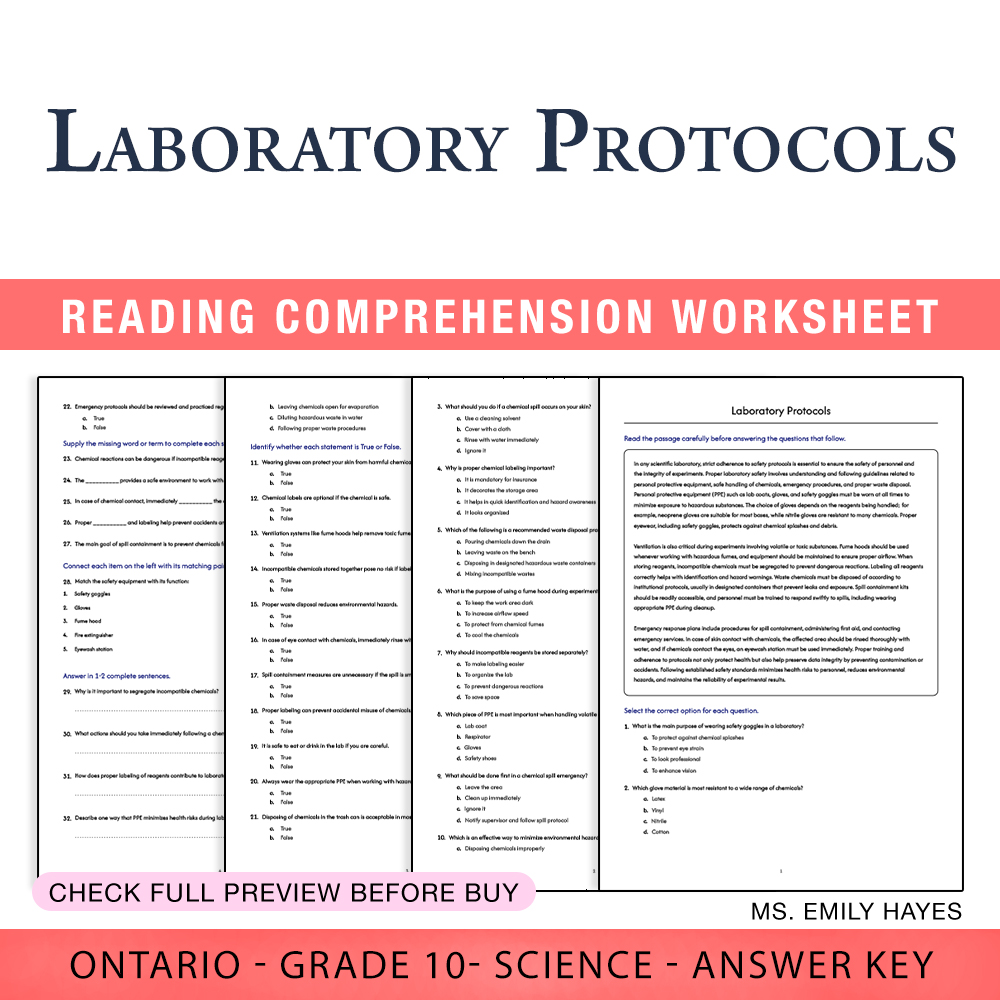 Grade 10 Science worksheet worksheet — 10th Grade Science | Laboratory Protocols Worksheet (PDF + Answer Key) — page 1
