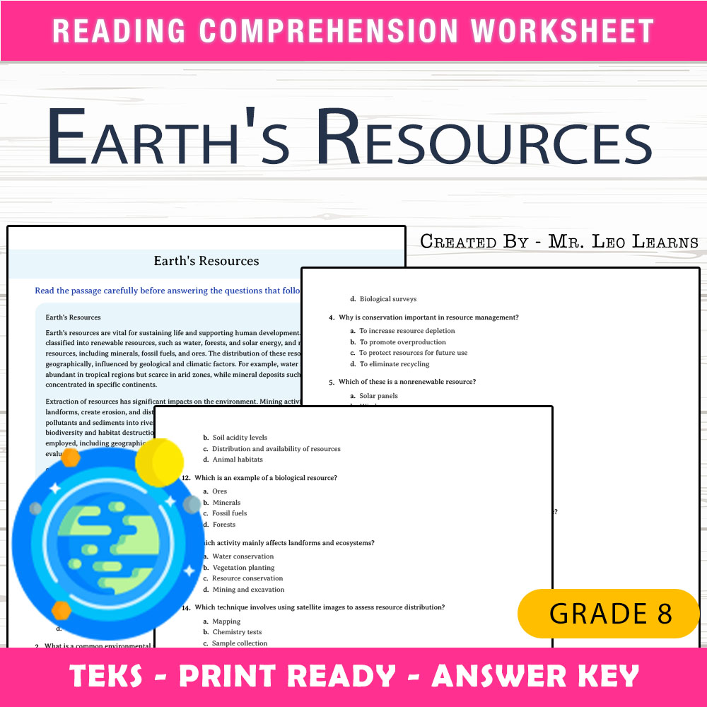 Grade 8 Science worksheet worksheet — Grade 8 Science — Earth's Resources Worksheet for Mastery — page 1