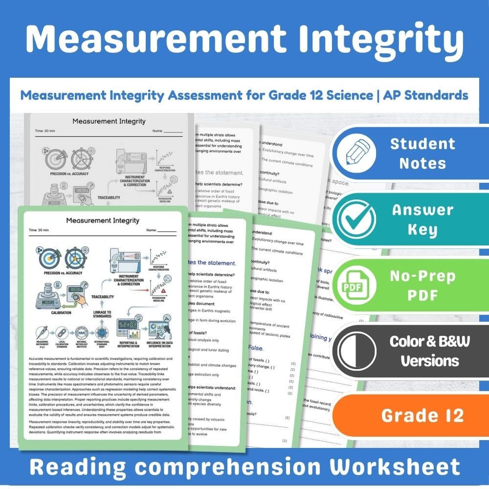 Grade 12 Science assessment worksheet — Measurement Integrity Assessment for Grade 12 Science | AP Standards — page 1