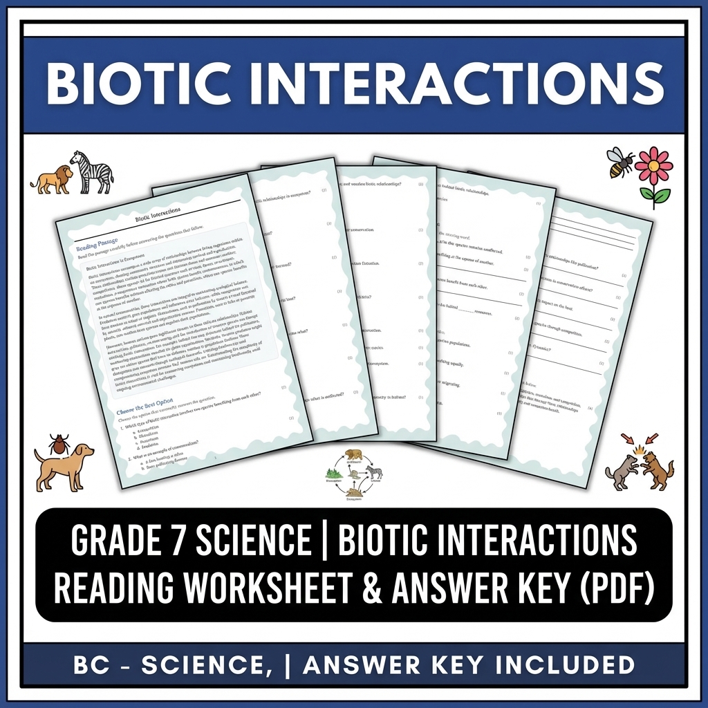 Grade 7 Science reading worksheets — Grade 7 Science | Biotic Interactions Reading Worksheet & Answer Key (PDF)
