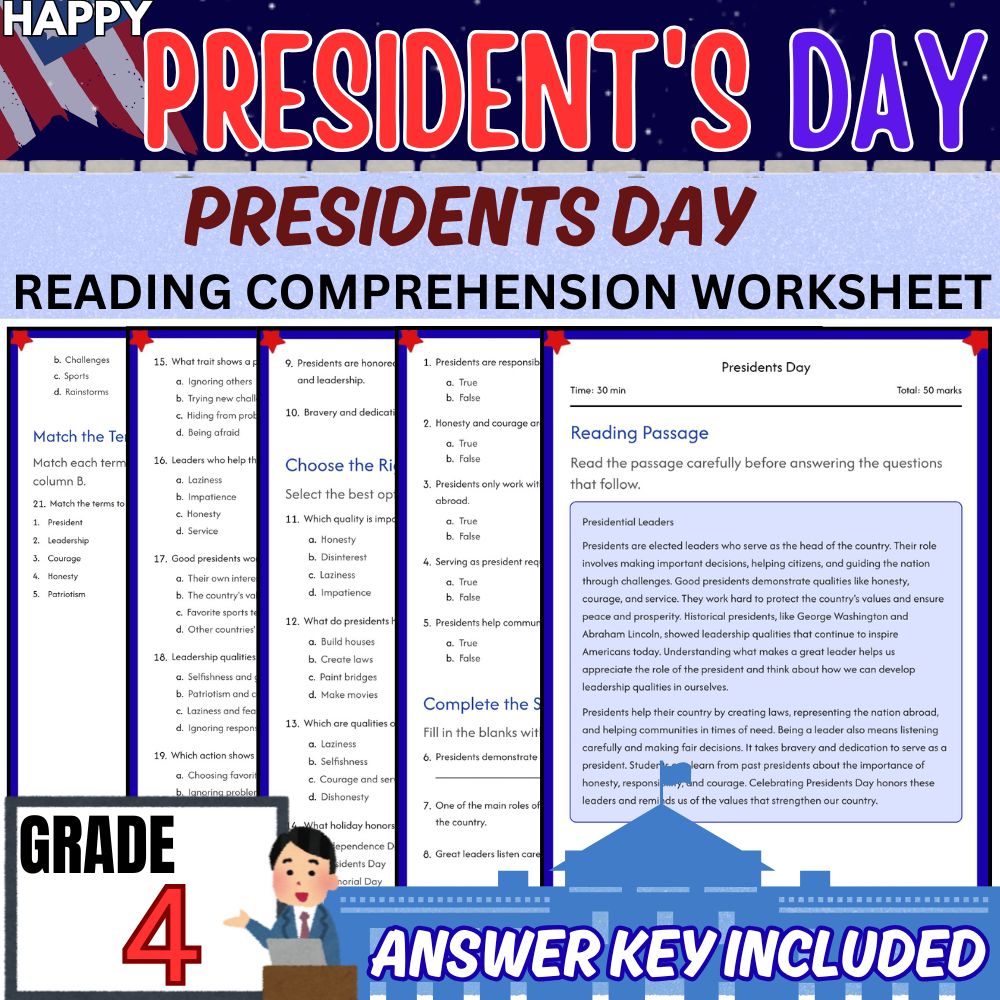 Grade 4 | Presidents Day Worksheet for Mastering Key Concepts | PDF + Answer Key
