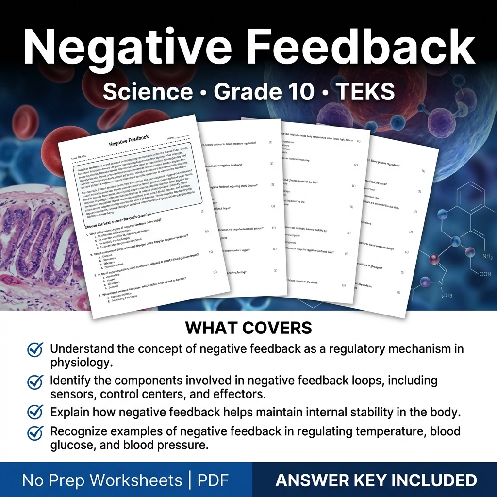 Negative Feedback Worksheet for Grade 10 Science | TEKS aligned