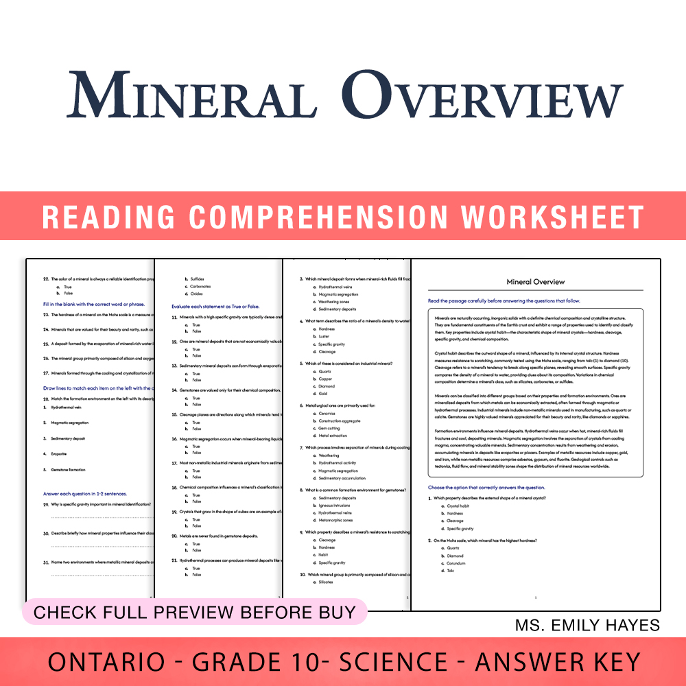 Grade 10 Science worksheet worksheet — Grade 10 Science | Mineral Overview Worksheet (PDF + Answer Key) — page 1