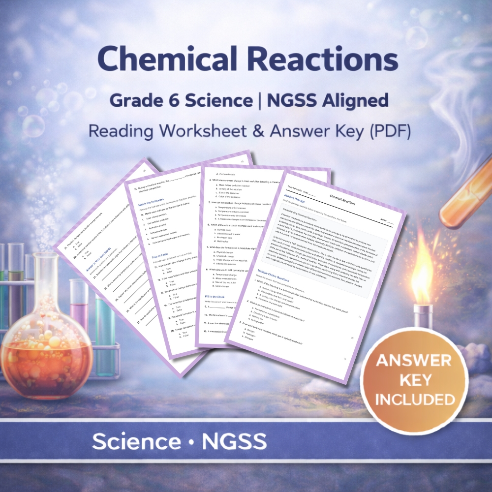 Grade 6 Science | Atomic & Molecular Models, Conservation & Reactions | NGSS — included worksheet 5