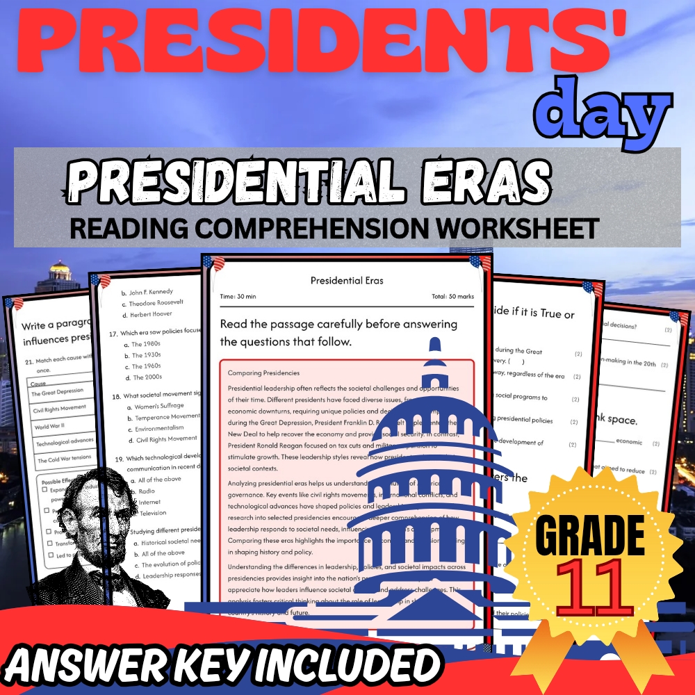 Grade 11 President Day Worksheet for Mastering Presidential Eras|PDF+Answer Key