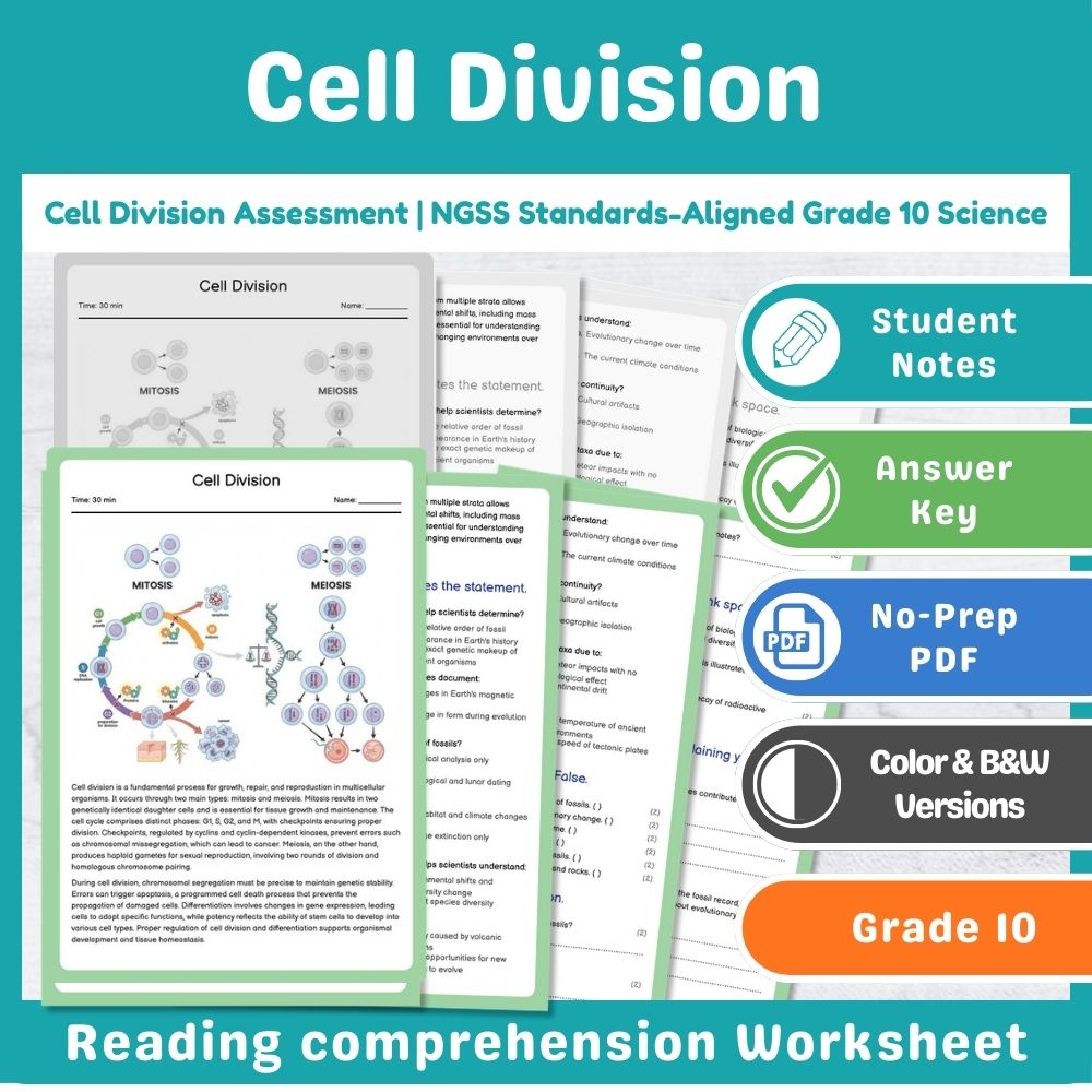 Grade 10 Science assessment worksheet — Cell Division Assessment | NGSS Standards-Aligned Grade 10 Science