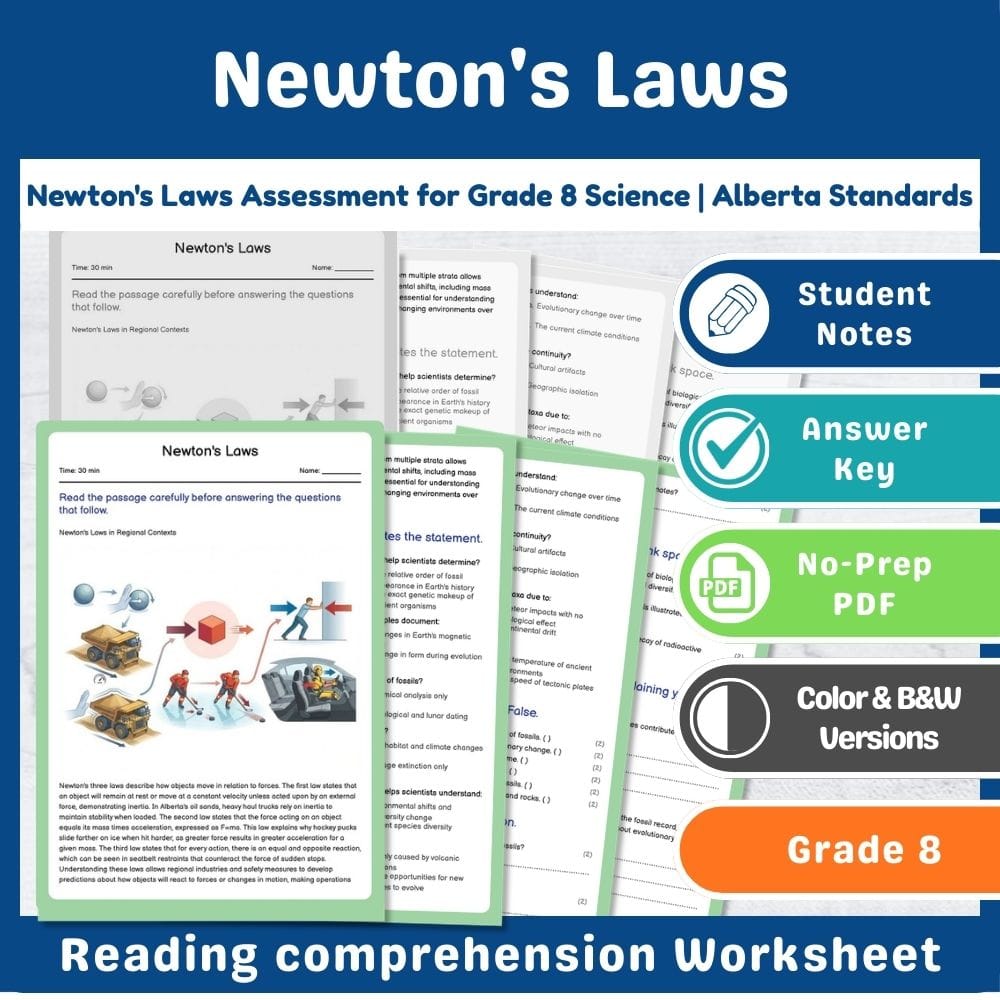 Grade 8 Science assessment worksheet — Newton's Laws Assessment for Grade 8 Science | Alberta Standards — page 1
