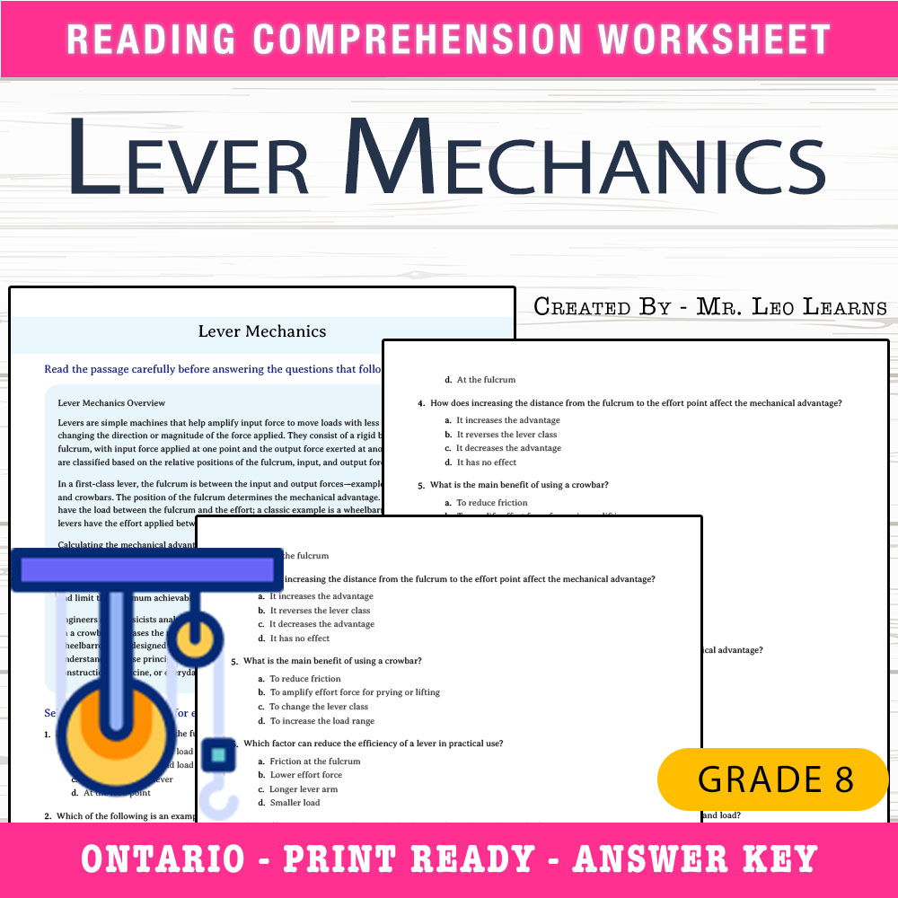 Grade 8 Science worksheet worksheet — Grade 8 Science — Lever Mechanics Worksheet for Mastery — page 1