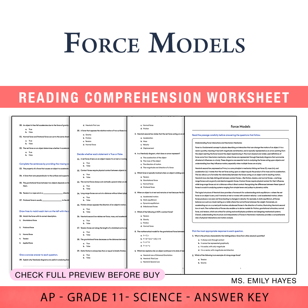 Grade 11 Science worksheet worksheet — 11th Grade Science | Force Models Worksheet (PDF+ Answer Key) — page 1