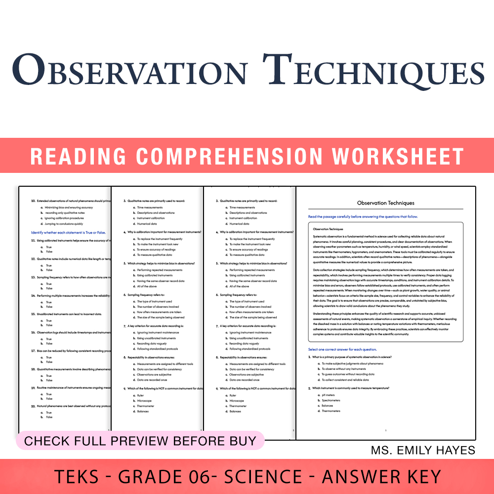 Grade 6 Science worksheet worksheet — 6th Grade Science | Observation Techniques Worksheet (PDF+ Answer Key) — page 1