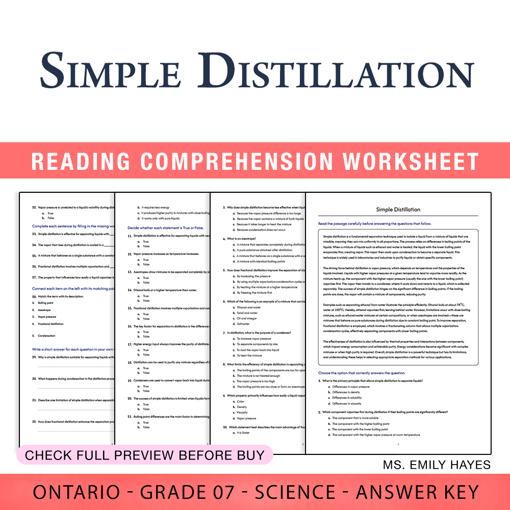 Grade 7 Science worksheet worksheet — 7th Grade Science | Simple Distillation Worksheet (PDF+ Answer Key) — page 1