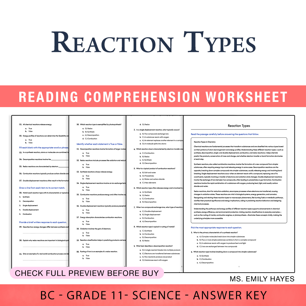 Grade 11 Science worksheet worksheet — Grade 11 Science | Reaction Types Worksheet (PDF + Answer Key) — page 1