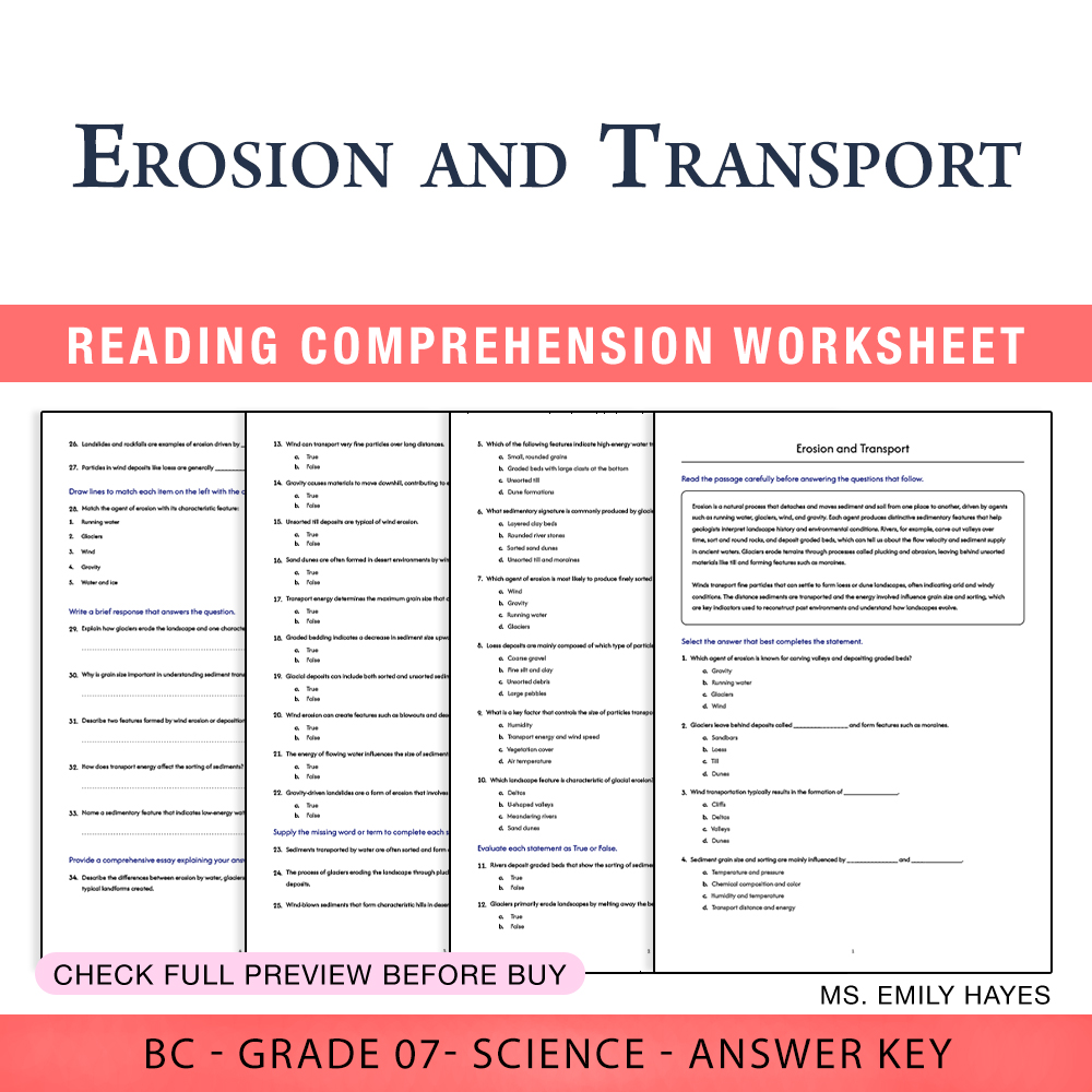 Grade 7 Science — worksheet — 7th Grade Science | Erosion and Transport Worksheet (PDF + Answer Key) — page 1