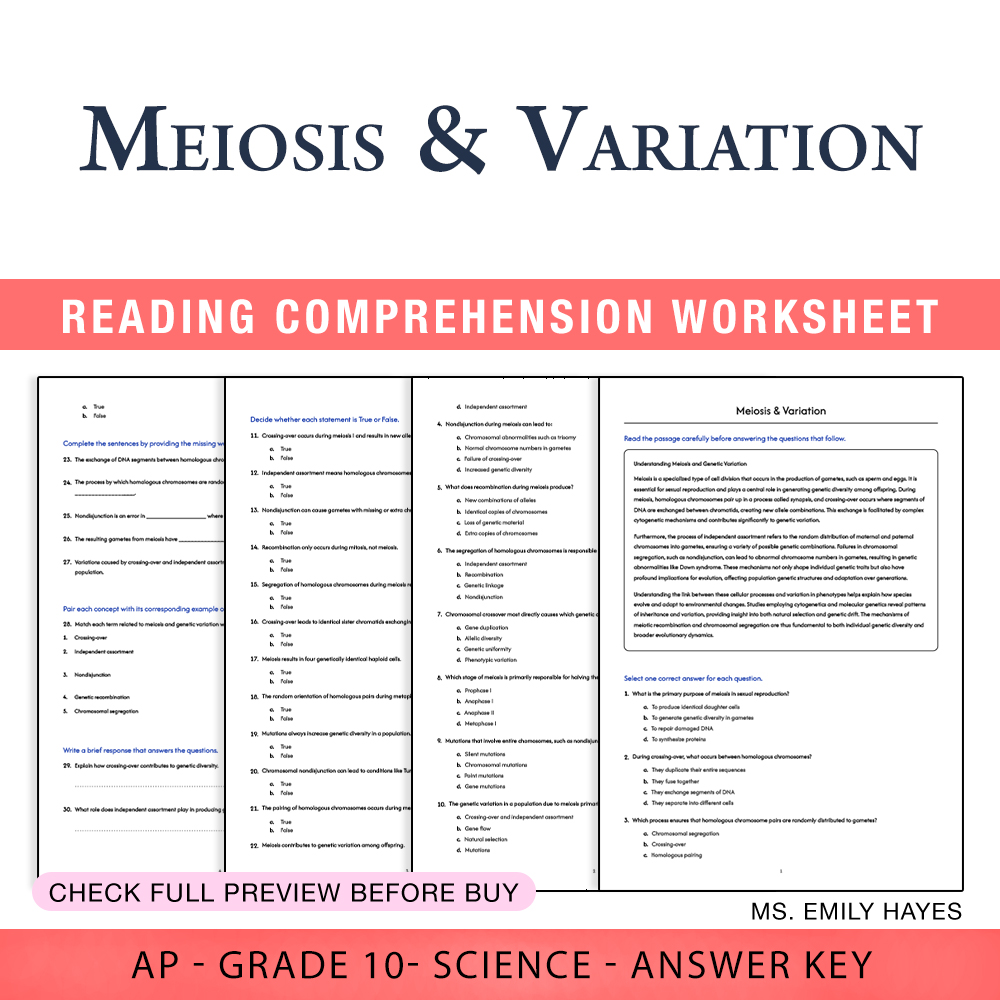 Grade 10 Science worksheet worksheet — 10th Grade Science | Meiosis & Variation Worksheet (PDF + Answer Key) — page 1