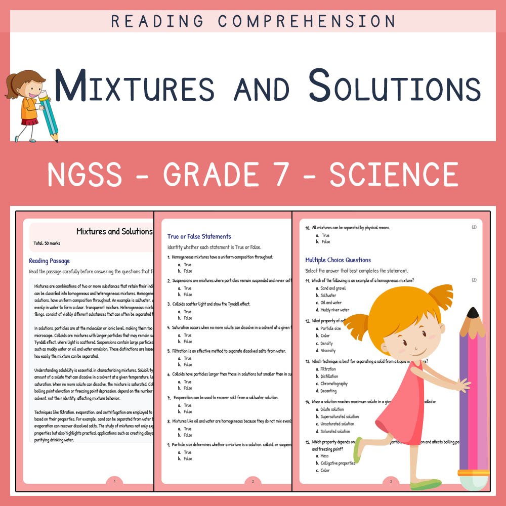 Grade 7 Science worksheet worksheet — Grade 7 Science |Mixtures and Solutions Worksheet (NGSS Aligned with Answer Key) — p…