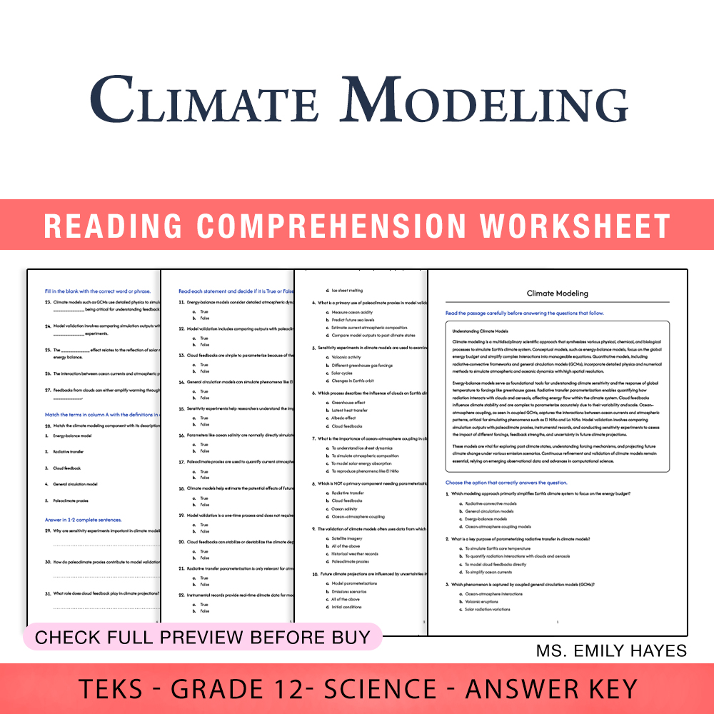 Grade 12 Science worksheet worksheet — Grade 12 Science | Climate Modeling Worksheet (PDF+ Answer Key) — page 1