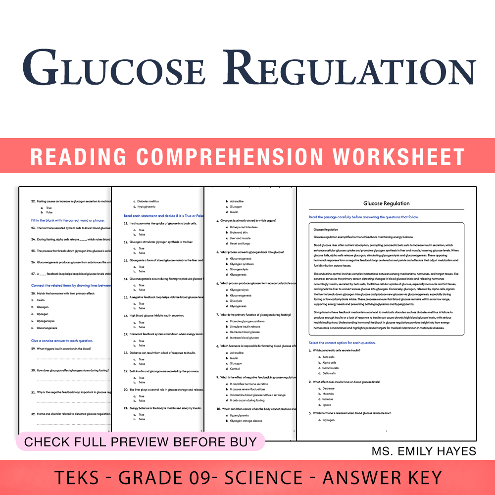 Grade 9 Science worksheet worksheet — 9th Grade Science | Glucose Regulation Worksheet (PDF+ Answer Key) — page 1